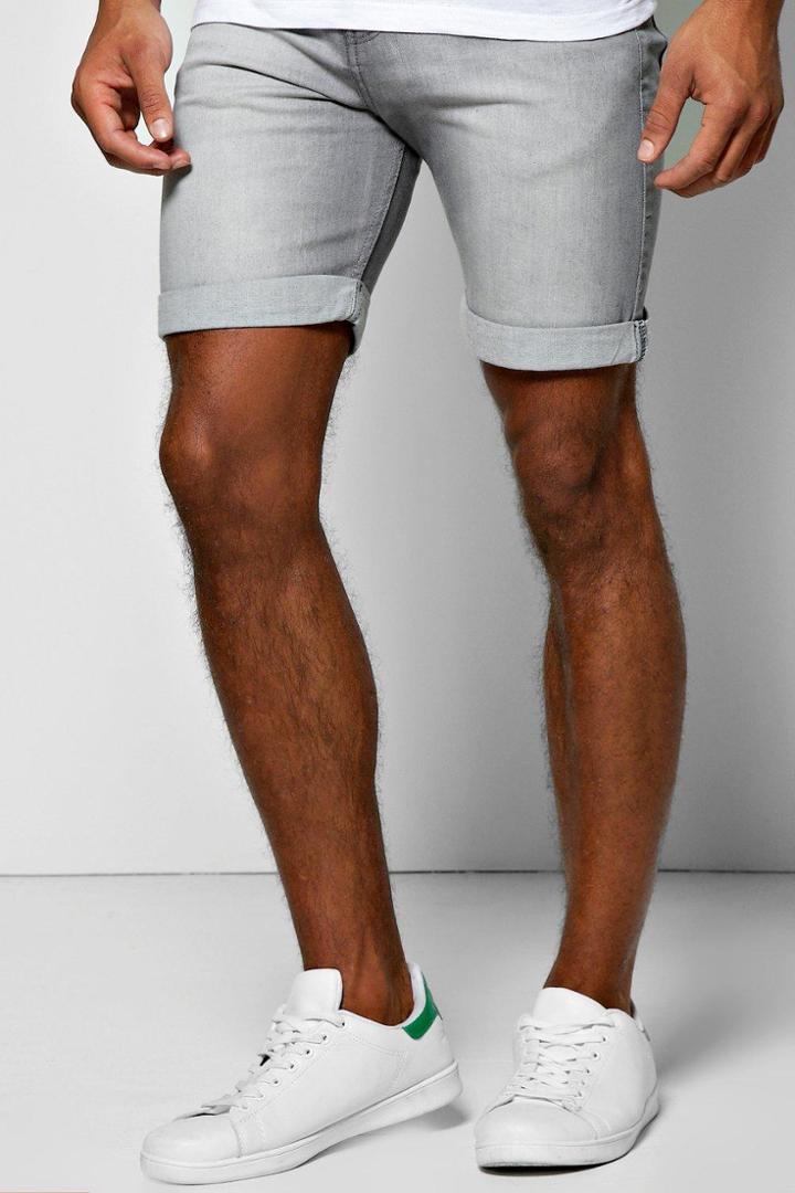 Boohoo Skinny Fit Light Grey Denim Shorts In Mid Length Grey