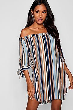 Boohoo Stripe Off The Shoulder Woven Dress