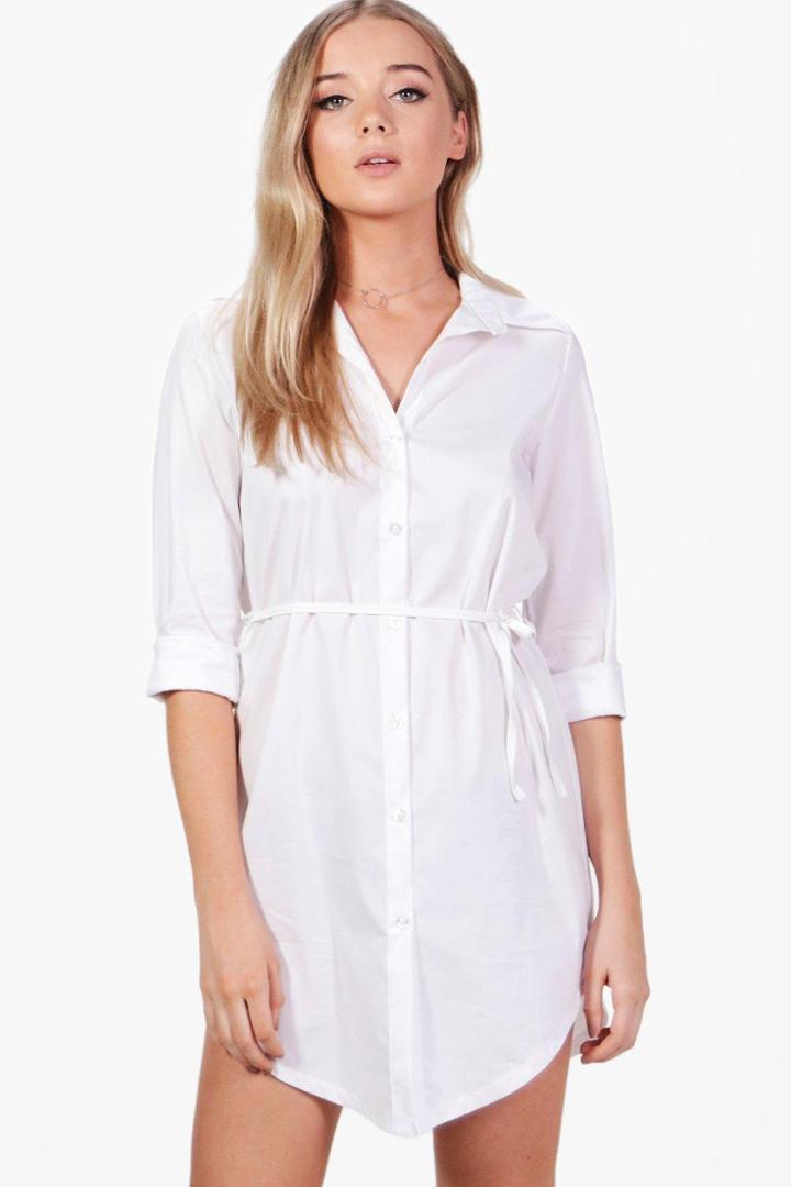 Boohoo Aria Belted Shirt Dress White