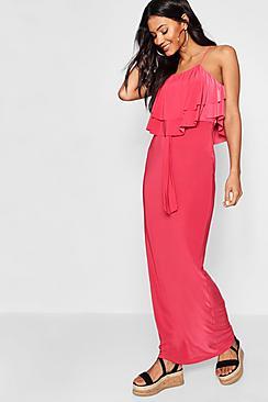 Boohoo 90's Neck Double Ruffle Maxi Dress
