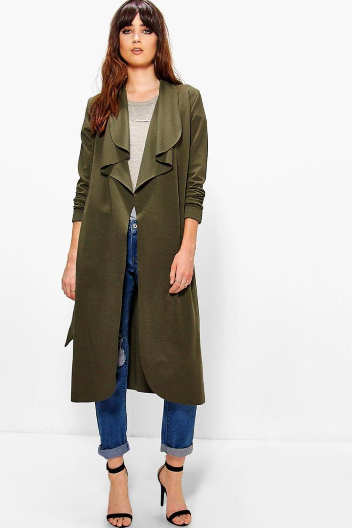 Boohoo Katie Belted Shawl Collar Duster Khaki