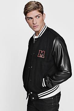 Boohoo M Badge Faux Leather Sleeve Varsity Jacket