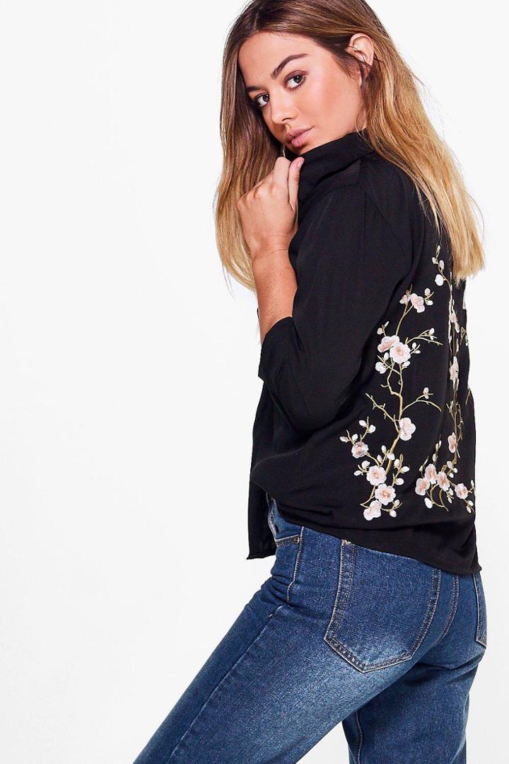 Boohoo Petite Evelyn Embroidered Back Shirt Black