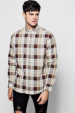 Boohoo Long Sleeve Stone Brushed Check Shirt