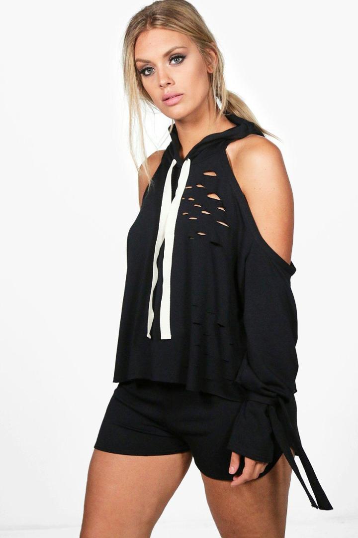 Boohoo Plus Ava Distressed Open Shoulder Short Lounge Set Black