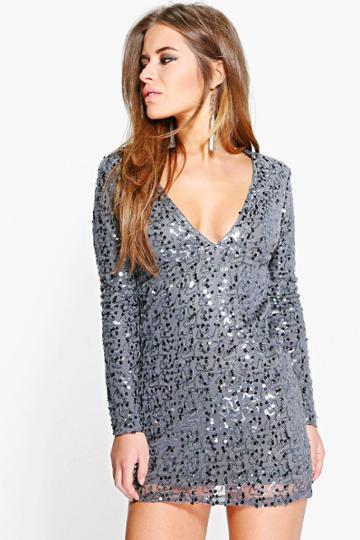 Boohoo Petite Violet Deep Plunge Sequin Bodycon Dress Pewter