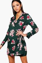 Boohoo Janae Wrap Floral Shirt Dress With Piping