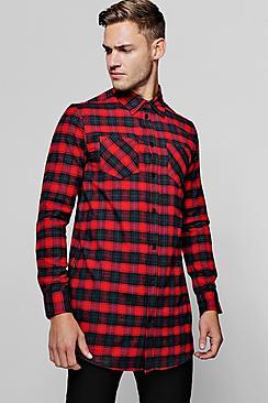 Boohoo Long Sleeve Red Check Longline Shirt