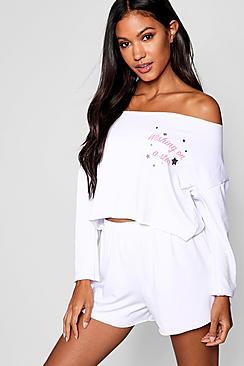 Boohoo Slash Neck Slogan Lounge Short Set