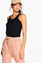 Boohoo Tall Daisy Ribbed Racer Front Tank Top Black