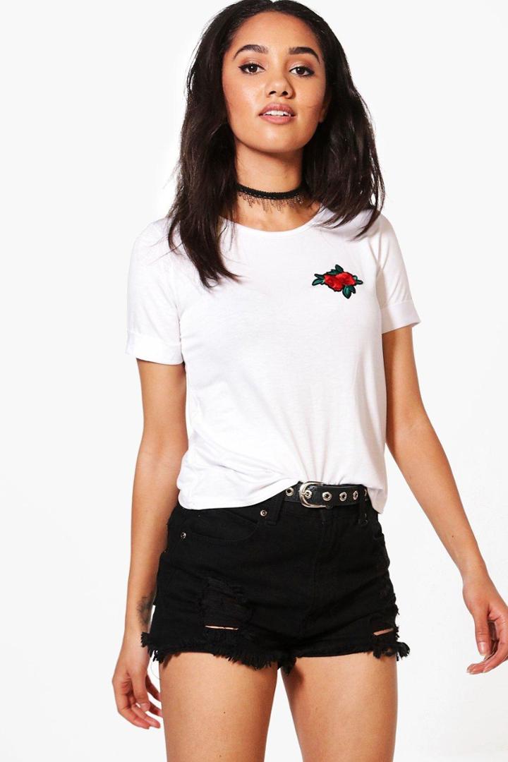 Boohoo Petite Heidi Floral Applique T-shirt White
