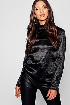 Boohoo Hammered Satin Shirred High Collar Top