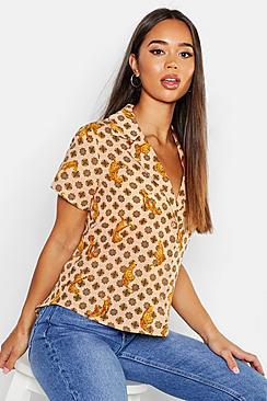 Boohoo Tiger Print Bowling Revere Collar Shirt