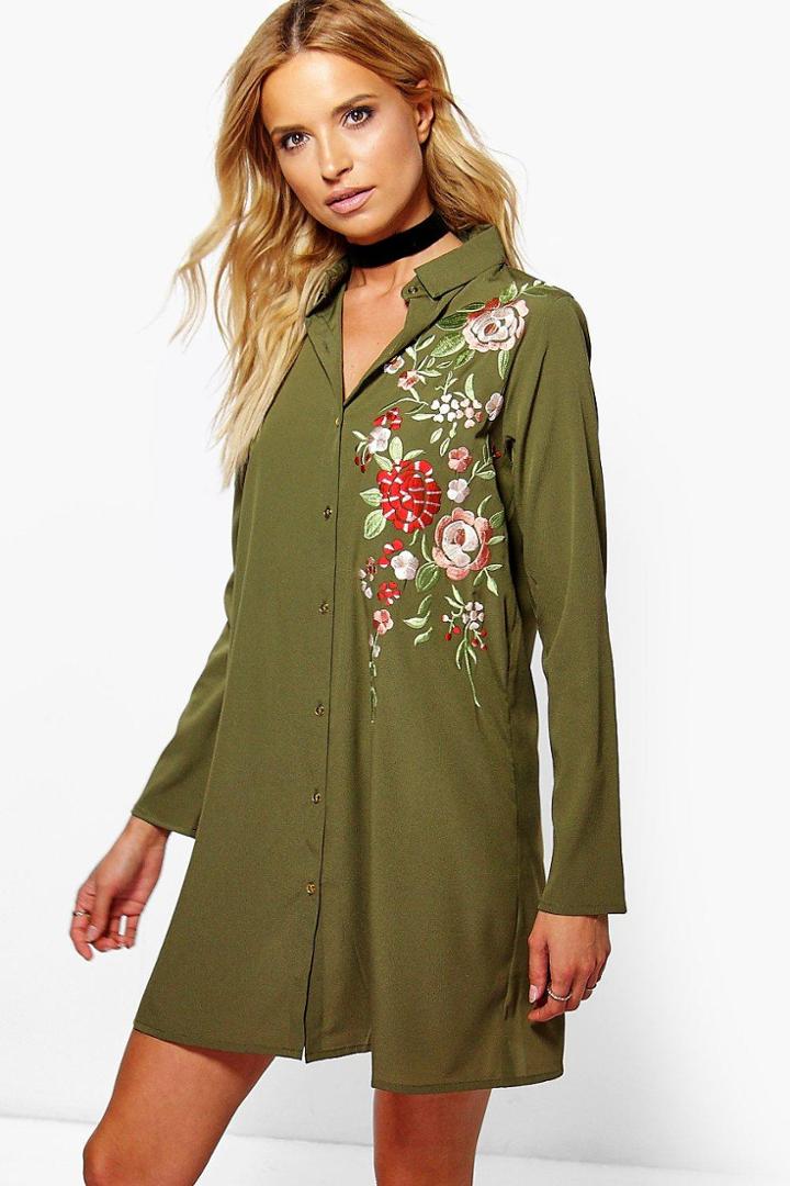 Boohoo Taylor Embroidered Boxy Shirt Dress Khaki