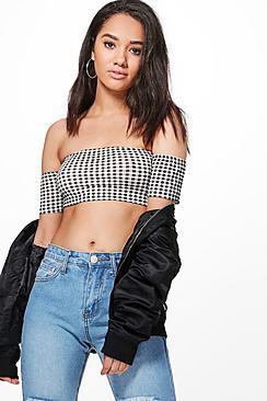 Boohoo Petite Melissa Off The Shoulder Gingham Crop Top