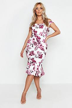 Boohoo Plus Floral Bardot Fishtail Ruffle Midi Dress