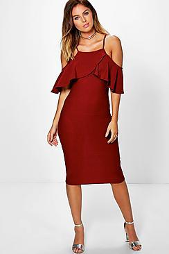 Boohoo Cold Shoulder Frill Detail Midi Dress