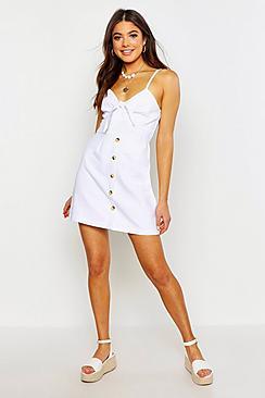Boohoo Tie Front Button Denim Dress
