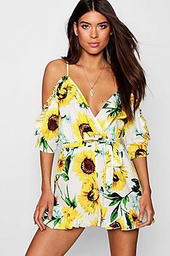 Boohoo Sunflower Open Shoulder Playsuit