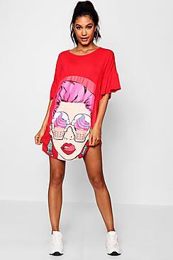 Boohoo Flared Sleeve Face Print T-shirt Dress