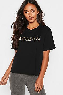 Boohoo Petite Leopard Print Woman Slogan T-shirt