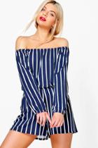 Boohoo Helena Striped Off The Shoulder Playsuit Navy
