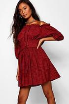 Boohoo Lace Up Off The Shoulder Checked Skater Dress