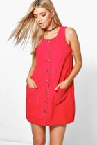 Boohoo Louise Button Through Cord Pinafore Dress Red