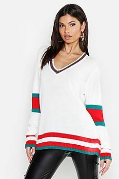 Boohoo Tall Sports Stripe V Neck Sweater