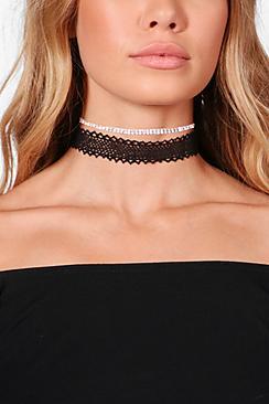 Boohoo Skye Diamante And Lace Net Choker- 3 Pack