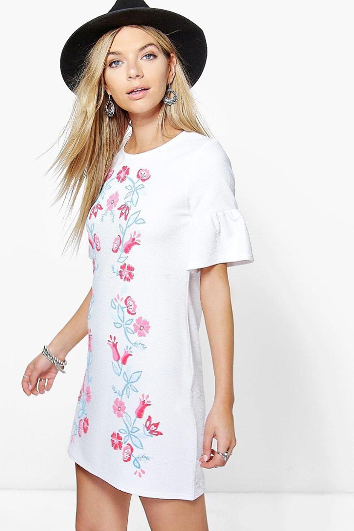 Boohoo Ruth Printed Embroidery Bell Sleeve Shift Dress White