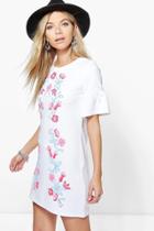 Boohoo Ruth Printed Embroidery Bell Sleeve Shift Dress White