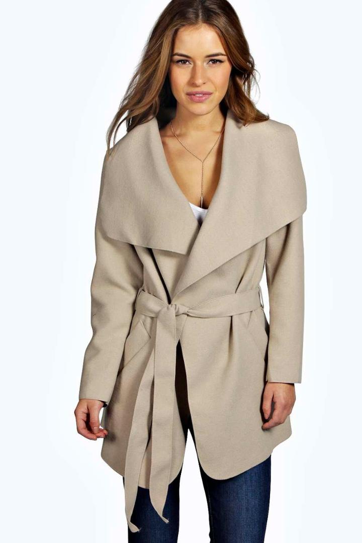 Boohoo Petite Charlotte Waterfall Coat Stone