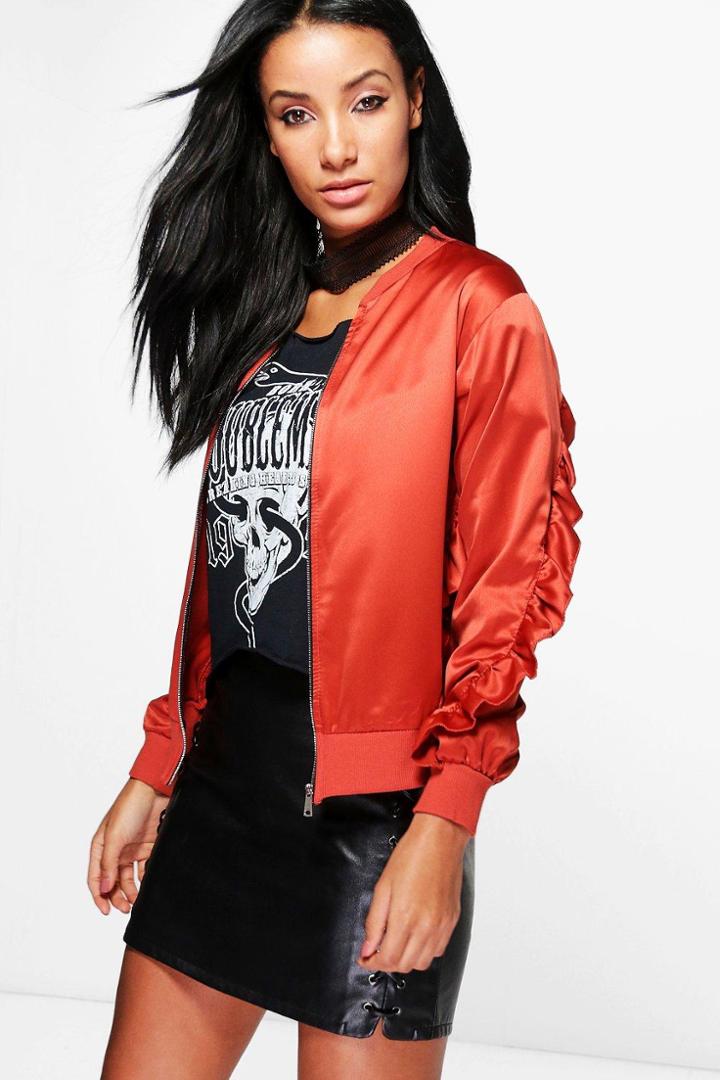 Boohoo Faye Satin Ruffle Bomber Amber