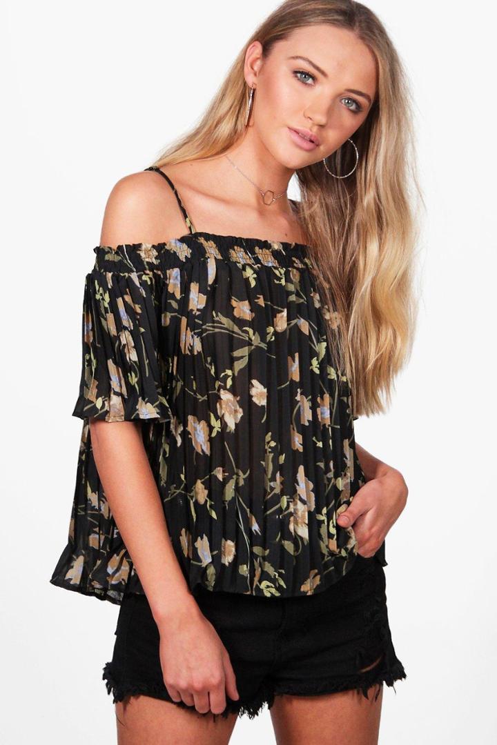 Boohoo Ria Rose Print Pleated Cold Shoulder Top Black