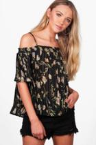 Boohoo Ria Rose Print Pleated Cold Shoulder Top Black
