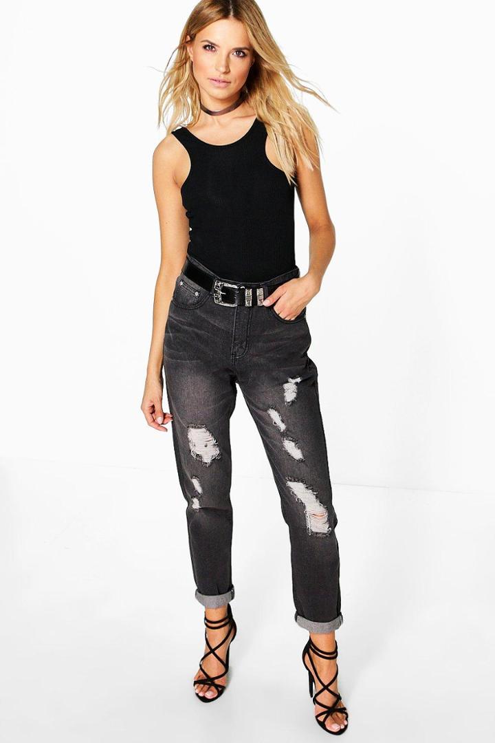 Boohoo Hatty High Rise Boyfriend Jeans Charcoal