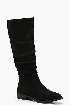 Boohoo Ruched Flat Knee High Boots