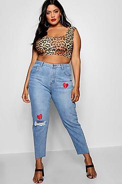 Boohoo Plus Ellie Embroidered Raw Hem Mom Jean