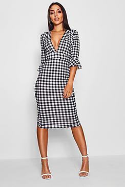 Boohoo Rosie Plunge Neck Gingham Midi Dress
