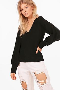 Boohoo Petite Elouise Oversized Sleeve V Neck Jumper