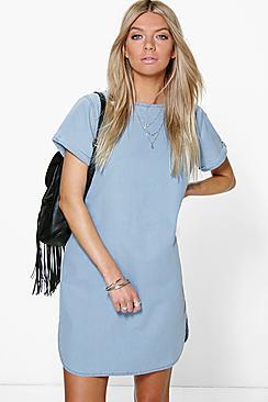 Boohoo Carla Curved Hem Cap Sleeve Denim Shift Dress