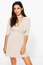 Boohoo Millie Choker Wrap Dress Stone