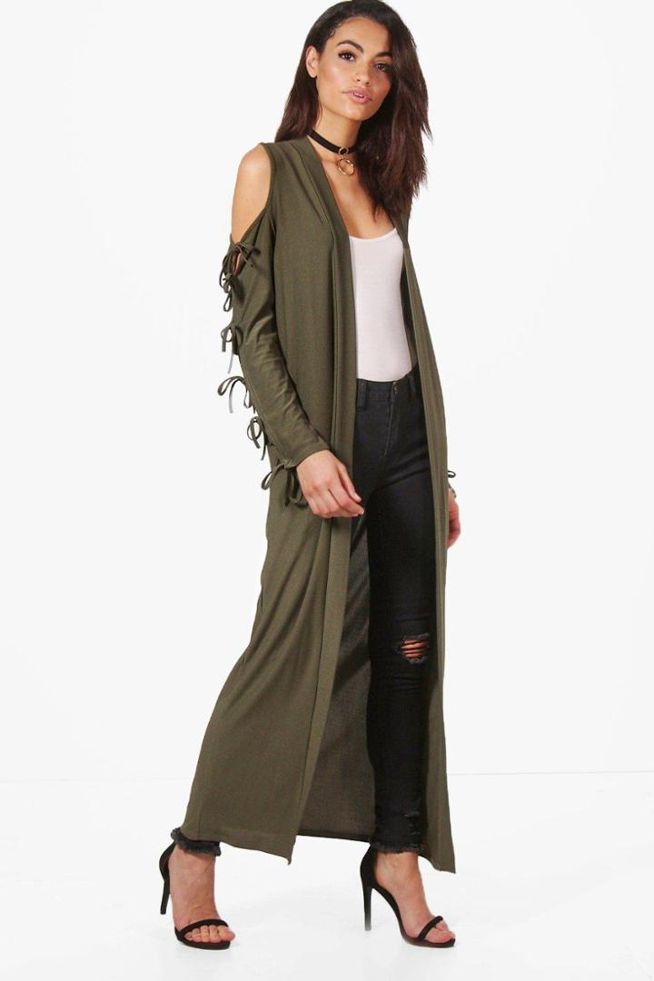 Boohoo Milly Cold Shoulder Lace Up Kimono Khaki