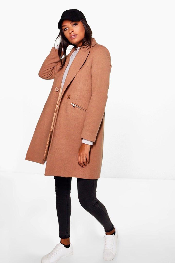 Boohoo Sarah Zip Pocket Tailored Coat Camel