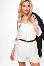 Boohoo Ruby Open Shoulder Floral Detail Playsuit Ivory