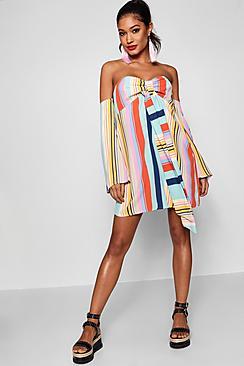 Boohoo Shay Tie Neck Multi Stripe Shift Dress