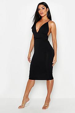 Boohoo Plunge Rouche Back Strappy Midi Dress