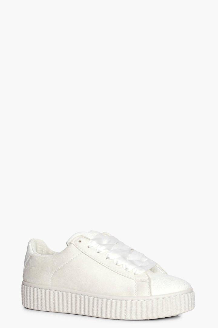 Boohoo Emma Glitter Panel Ribbon Lace Trainer White