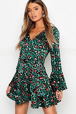 Boohoo Leopard Satin Fit + Flare Skater Dress